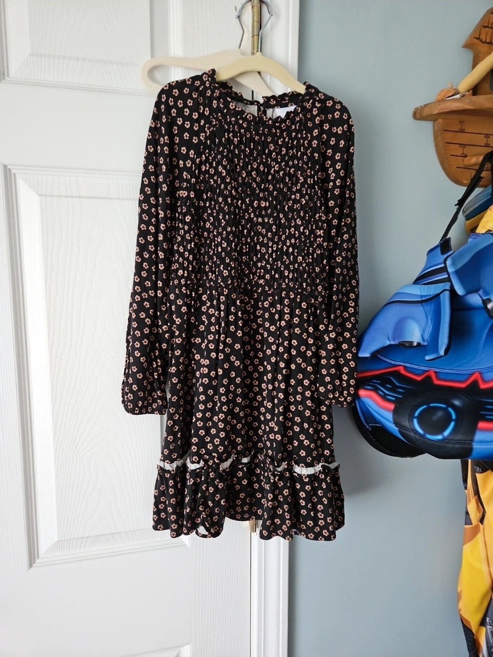 Zara Black Long-Sleeve Floral Smocked Dress Size 9yr